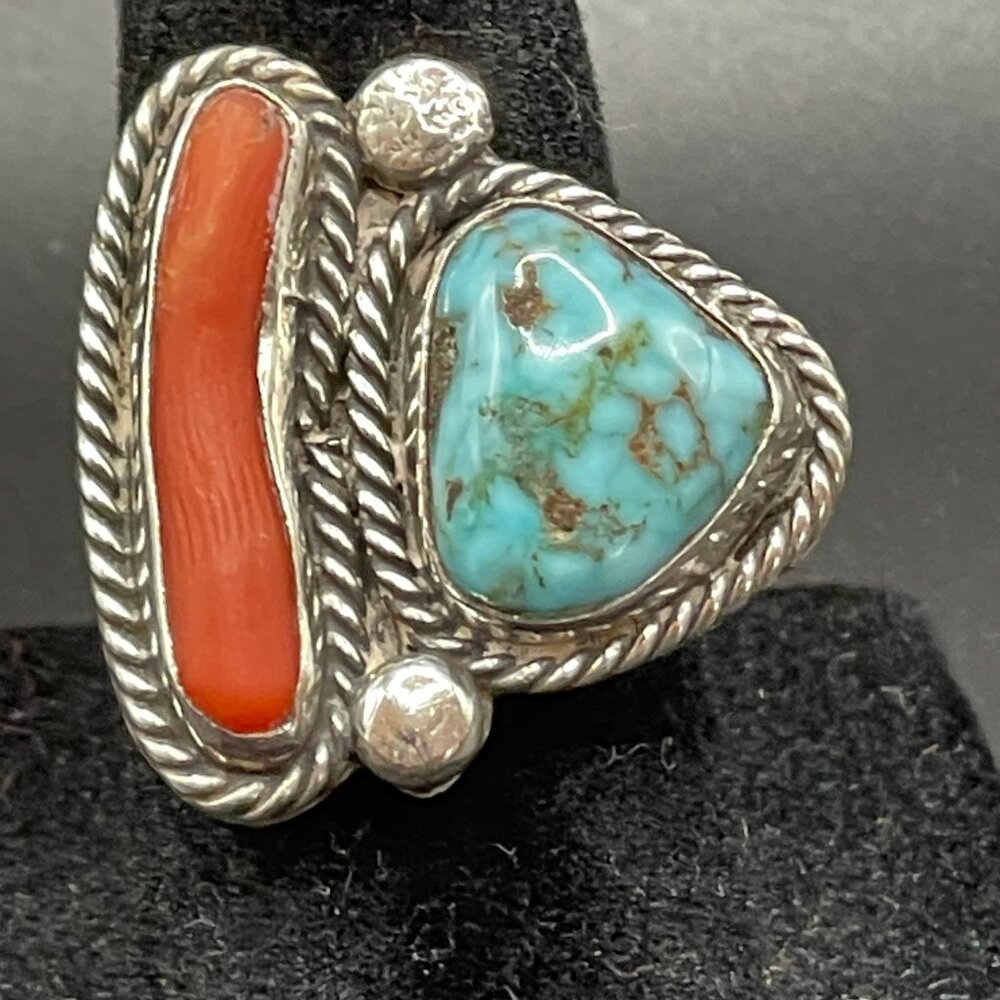 Vintage Signed Native American Silver Turquoise Coral Ring 5 1/2 - Picture 6 of 15